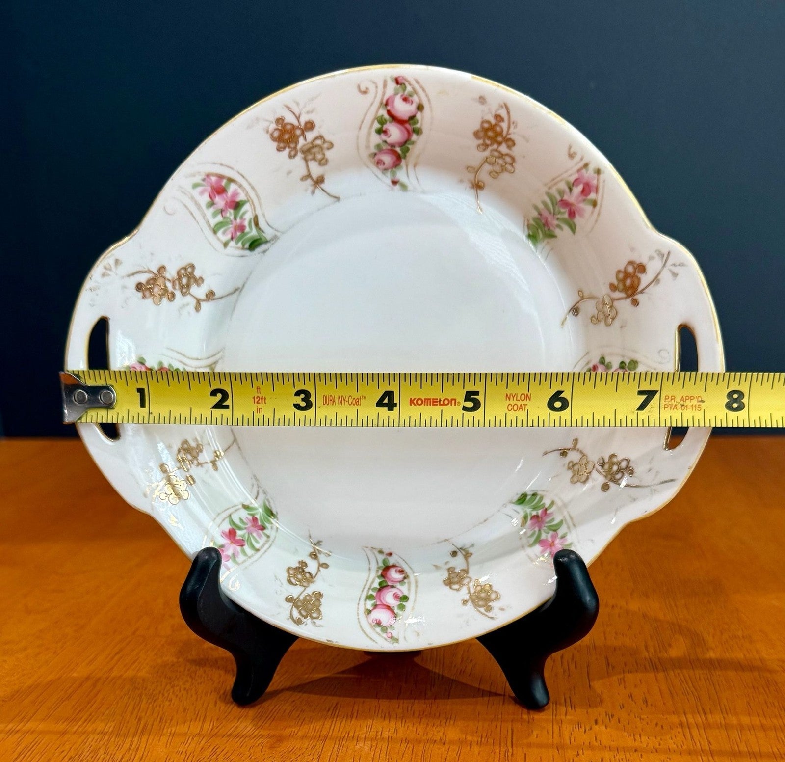 Antique Nippon Hand Painted Porcelain Serving Dish Gold Handles Pink Floral Swag