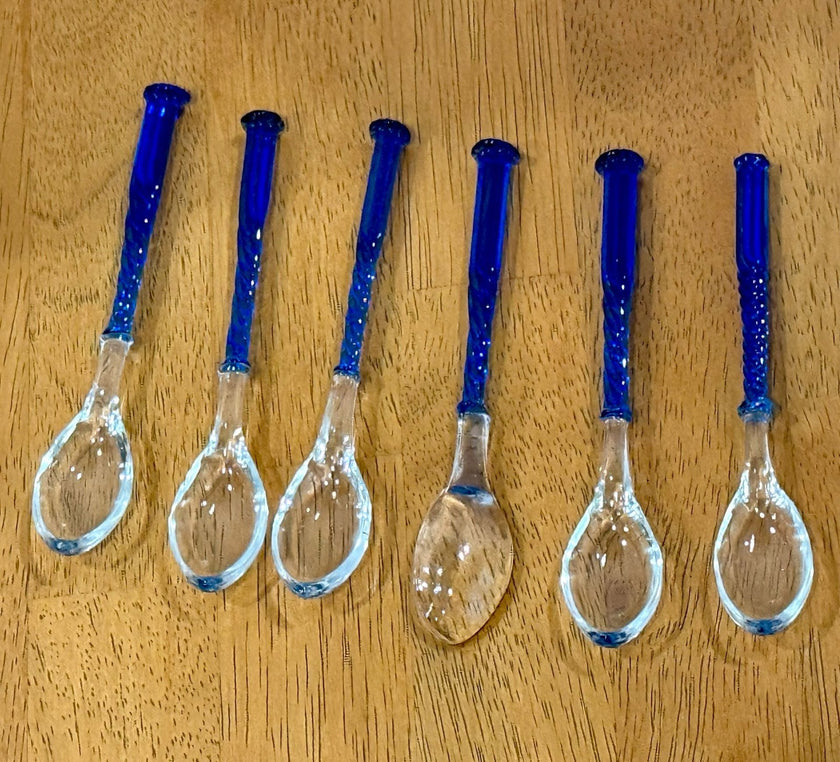 Vintage Hand Blown Art Glass Spoons Cobalt Blue Twisted Handles Set of 12