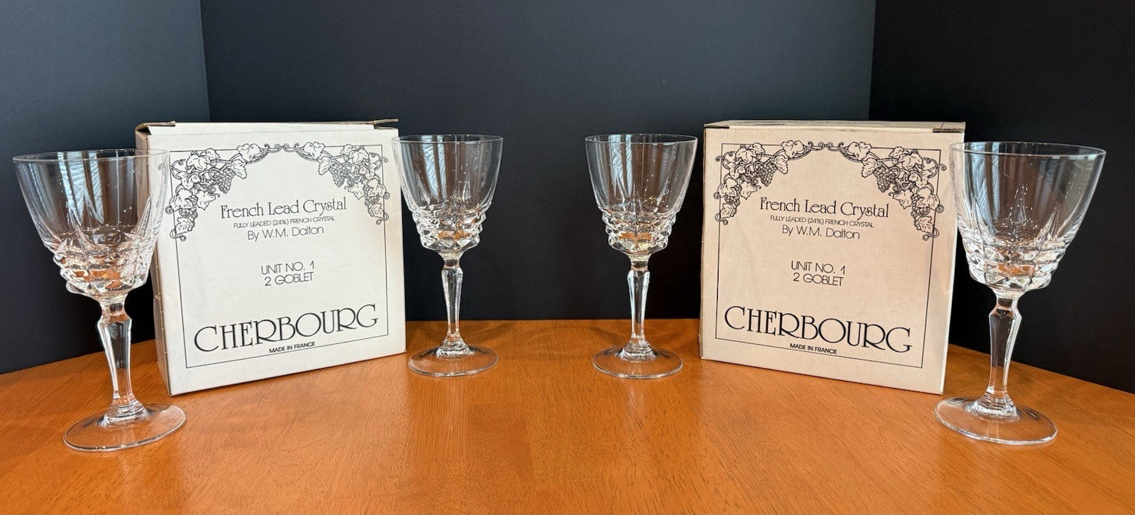 Vintage W M Dalton Cherbourg French Lead Crystal Goblets Set of 4 Original Boxes