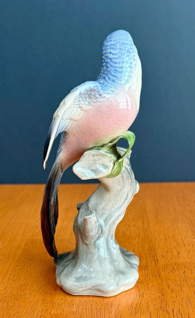 Vintage Ceramic Budgerigar Bird on Tree Stump Figurine Bud Vase