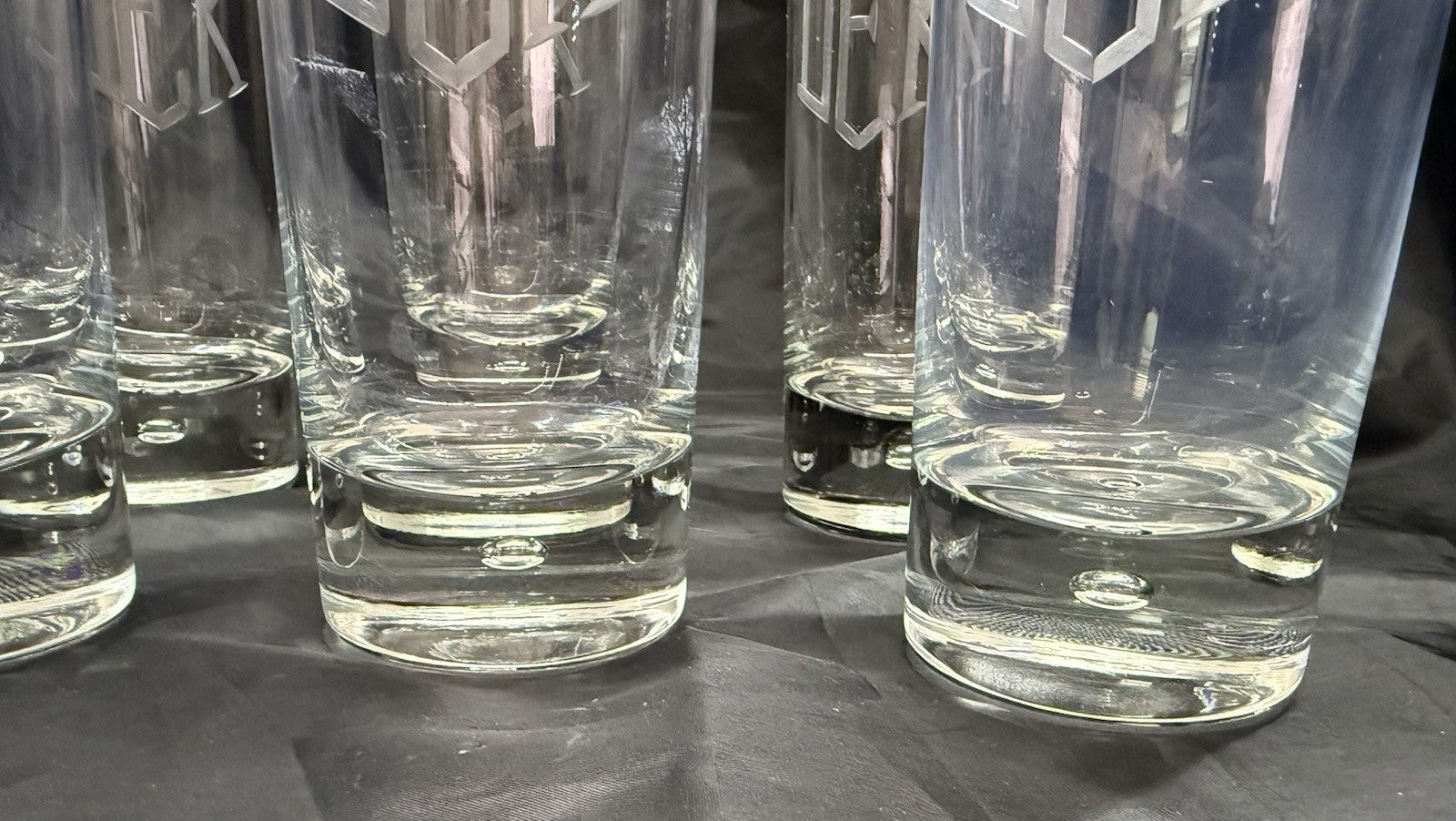 Set Of 8 Heavy Base Controlled Bubble Bottom Highball Glasses 16 oz DEK Engraved