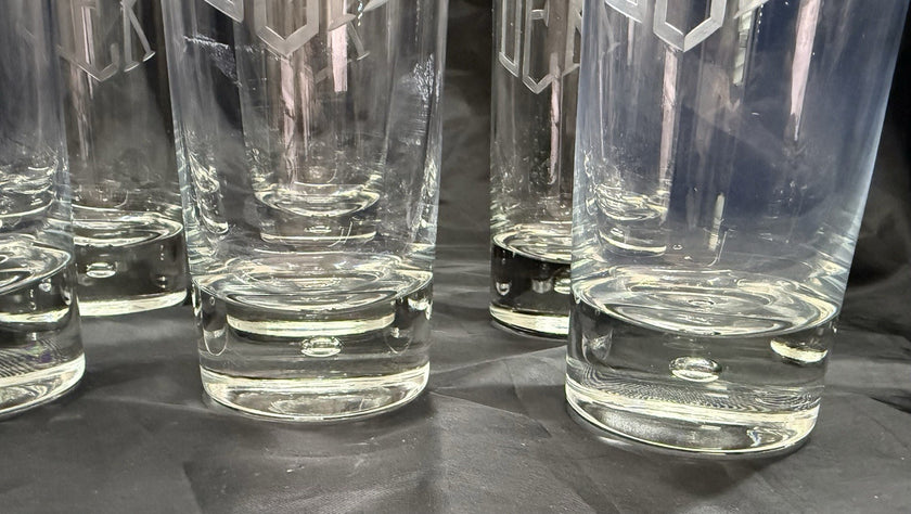 Set Of 8 Heavy Base Controlled Bubble Bottom Highball Glasses 16 oz DEK Engraved