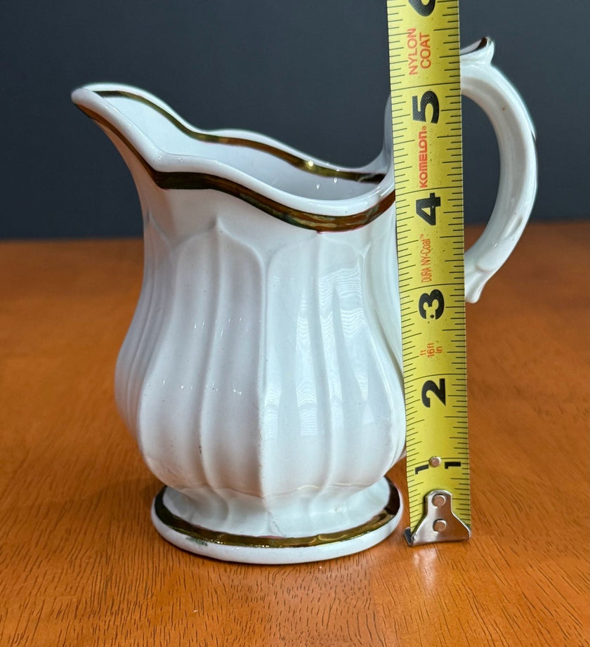 Vintage White Porcelain Creamer Pitcher Gold Gilt Trim Fluted Ribbed Design