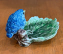 Vintage Freeman-Leidy Laguna Beach CA Majolica Green Leaf Trinket Dish Blue Bird