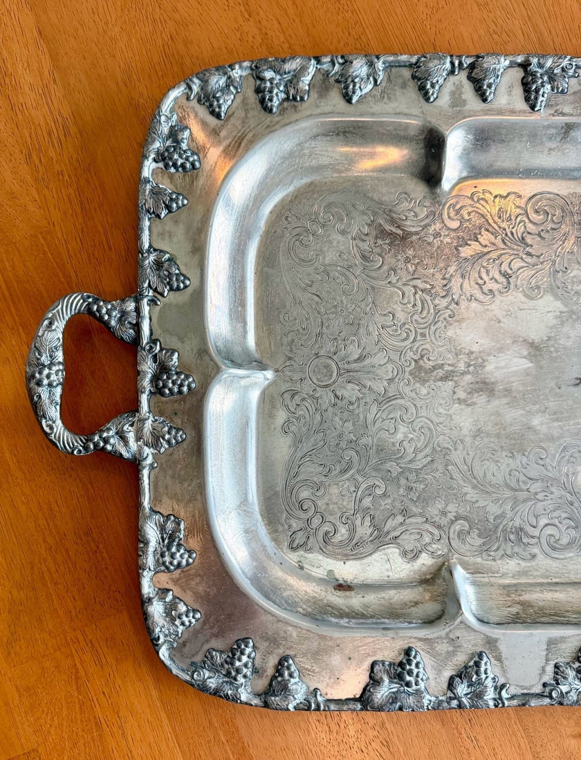Large Vintage Silverplate Footed Serving Tray Grape & Leaf Border 24