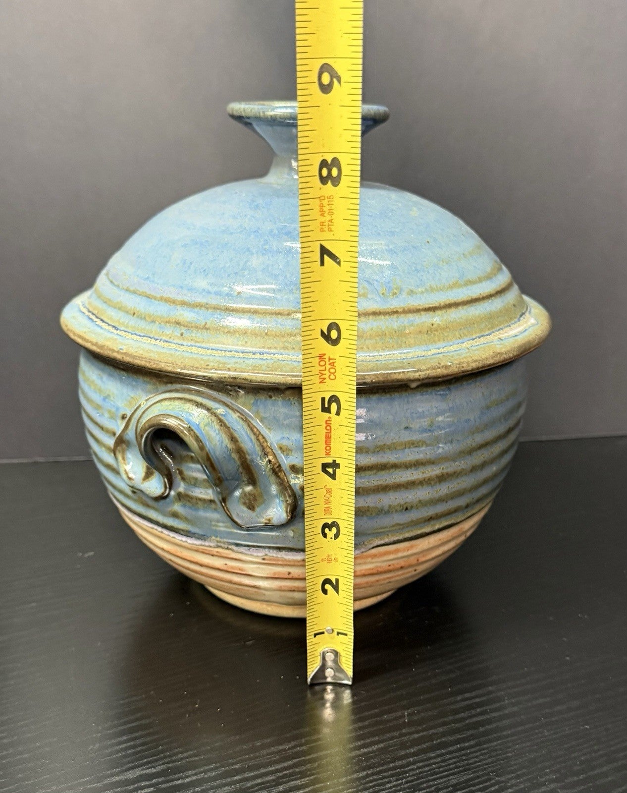 Vintage Earthenware Handmade Stoneware Pottery Lidded Crock Artisan Blue Brown