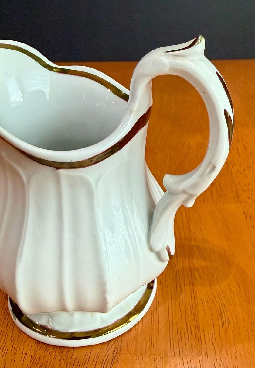 Vintage White Porcelain Creamer Pitcher Gold Gilt Trim Fluted Ribbed Design