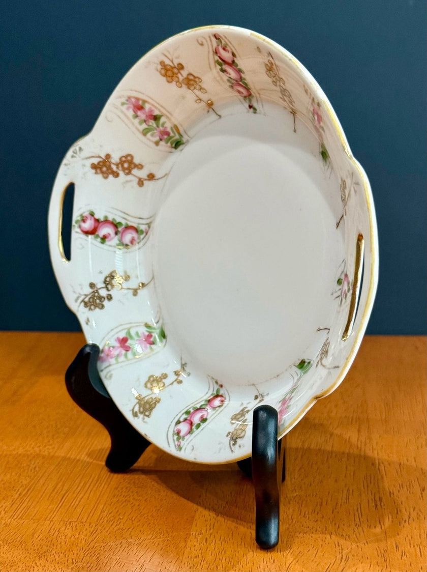 Antique Nippon Hand Painted Porcelain Serving Dish Gold Handles Pink Floral Swag