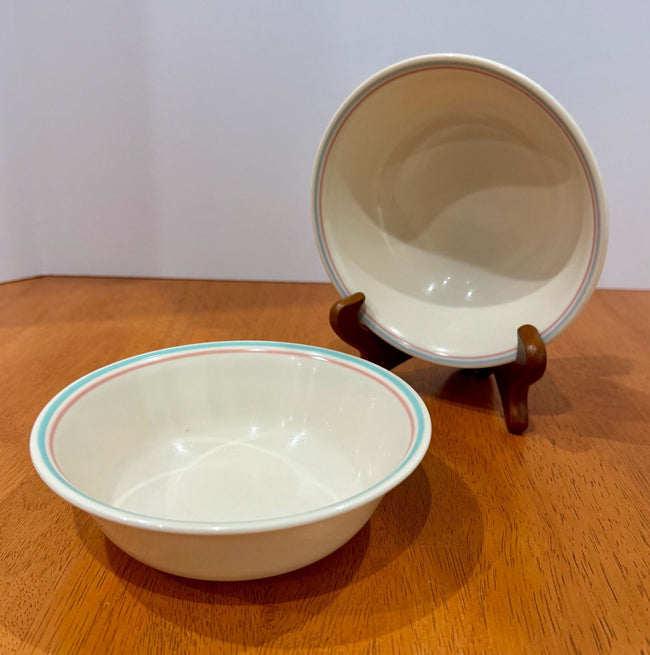 Vintage Corelle Forever Yours Cereal Bowl Set of 2 White Blue Pink Stripe
