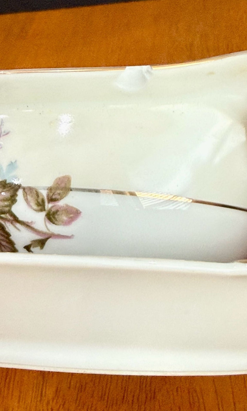 Vintage Made in Japan Moss Rose Gravy Boat with Attached Underplate Red White