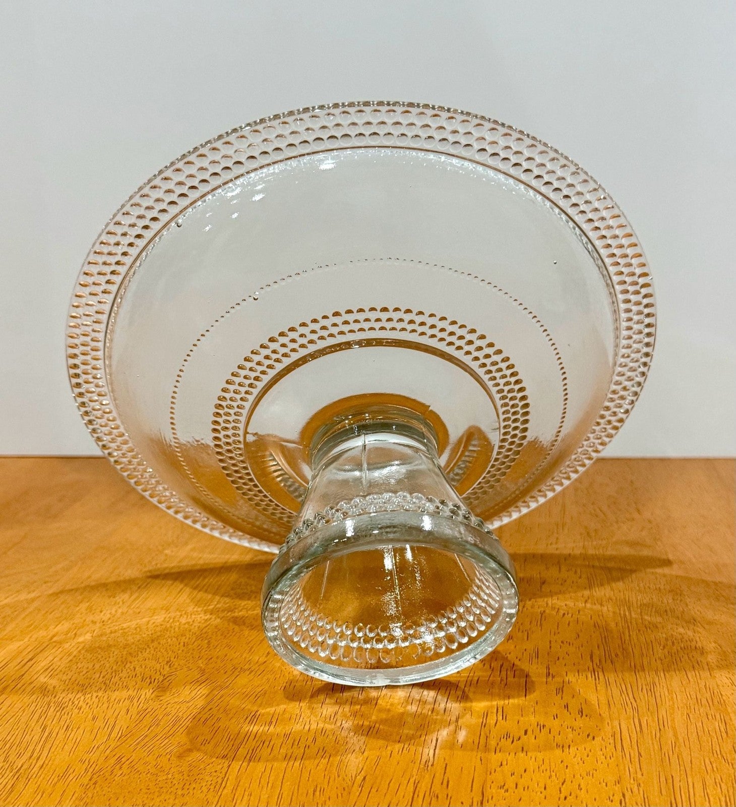 Vintage Clear Glass Pedestal Bowl Cake Stand with Beaded Hobnail Rim