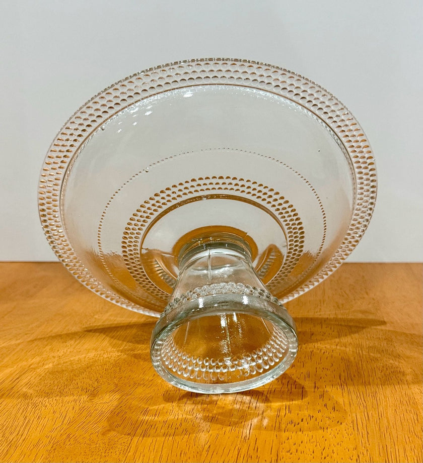 Vintage Clear Glass Pedestal Bowl Cake Stand with Beaded Hobnail Rim