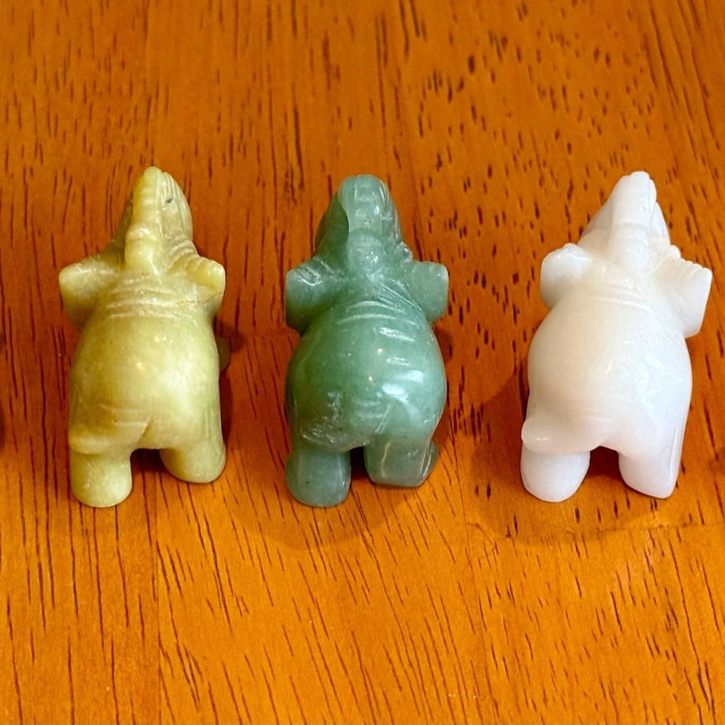 Set of 5 Vintage Hand Carved Gemstone and Quartz Elephant Figurines