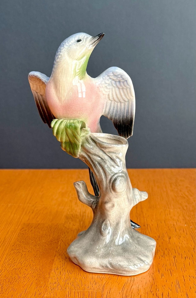 Vintage Ceramic Budgerigar Bird on Tree Stump Figurine Bud Vase