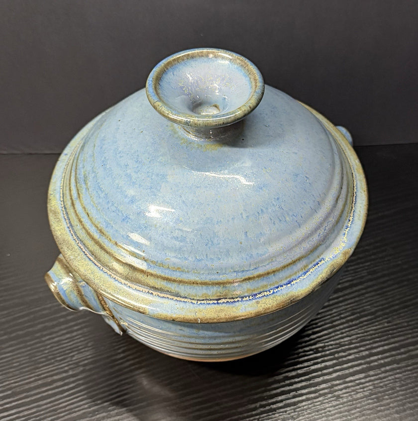 Vintage Earthenware Handmade Stoneware Pottery Lidded Crock Artisan Blue Brown