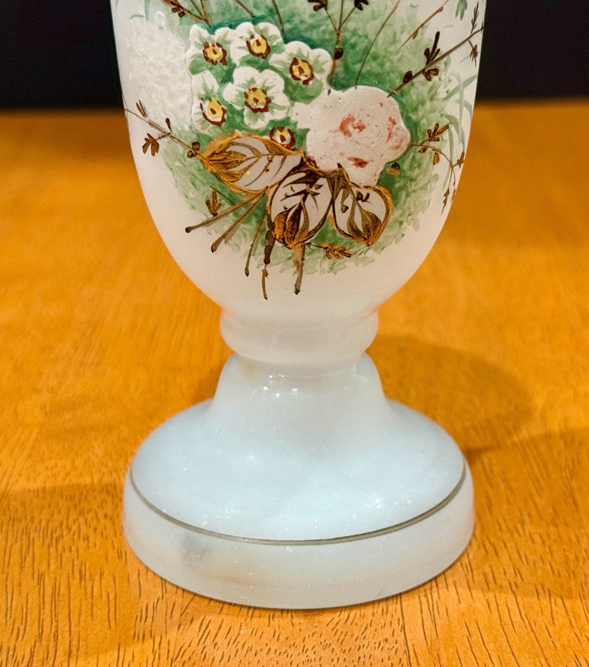 Vintage Victorian Bristol White Opaline Hand-Painted Floral Glass Vase