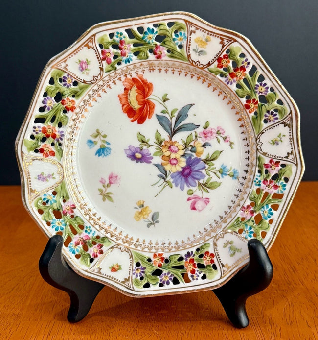 Vintage RW Bavaria Porcelain Reticulated Plate Hand-Painted Dresden Floral Design