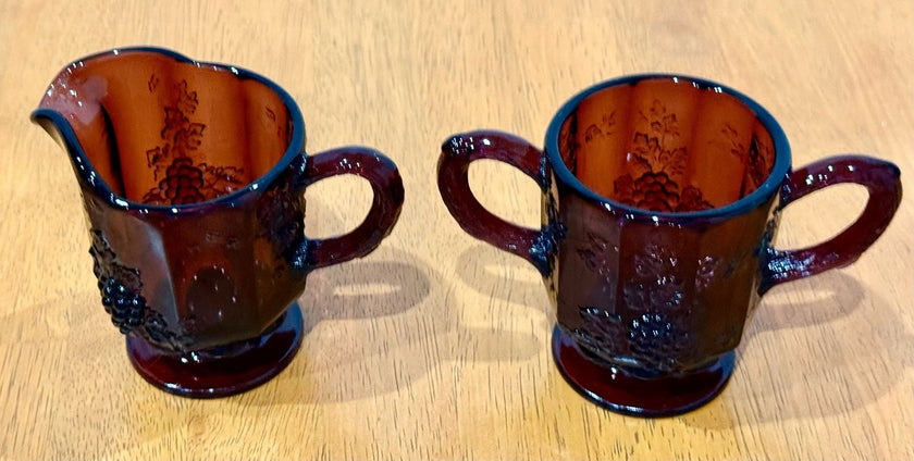 Vintage Westmoreland Amethyst Glass Purple Creamer & Sugar Set Grape & Vine