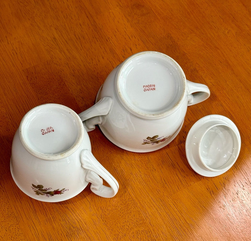Vintage Fine China Made in Japan Moss Rose Creamer with Sugar Bowl & Lid Set