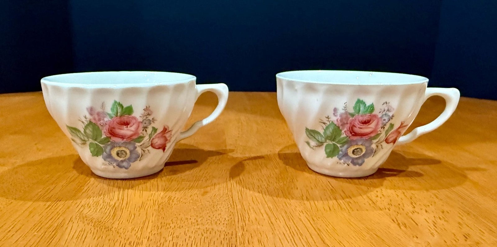 Vintage Floral Bone China Tea Cups Ruffled Swirl Design Set of 2 Roses