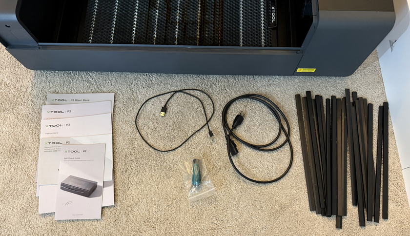 xTool P2 55W Desktop CO2 Laser Cutter with Honeycomb Base and Riser Unit