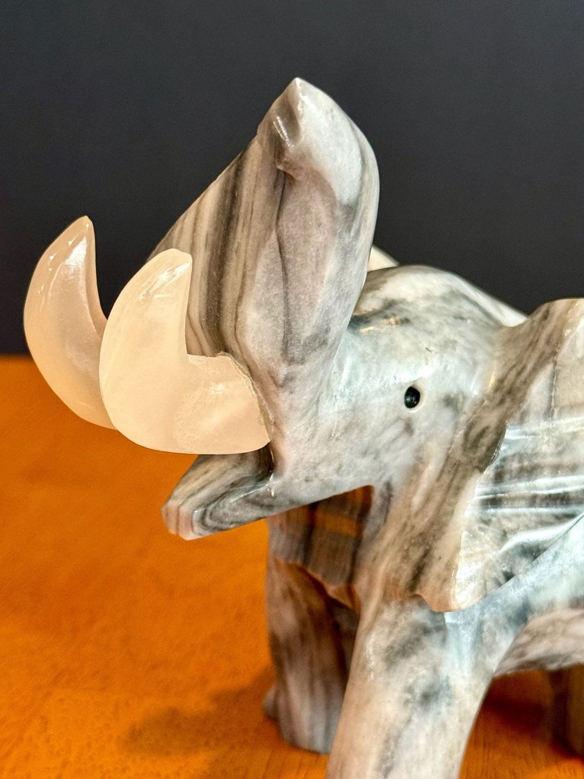 Vintage Hand-Carved Grey Marbled Onyx Elephant Figurine Good Luck Trunk Up