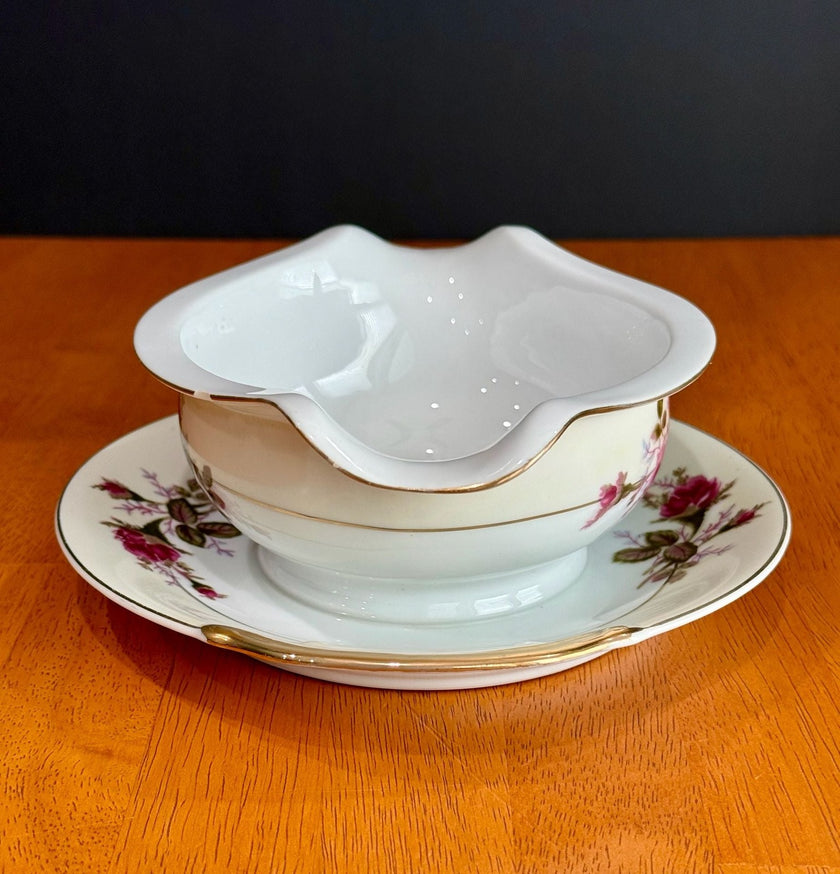 Vintage Made in Japan Moss Rose Gravy Boat with Attached Underplate Red White