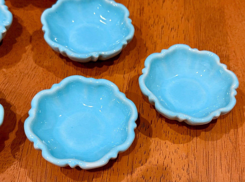 Set of 7 Vintage Turquoise Blue Glazed Ceramic Scalloped Salt Cellar Dip Bowls