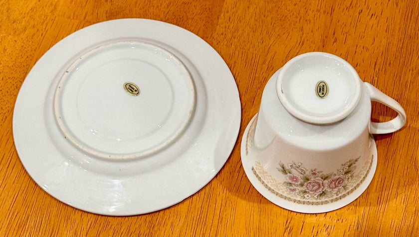 Vintage China Pearl Gigi Pattern Footed Tea Cup and Saucer Set