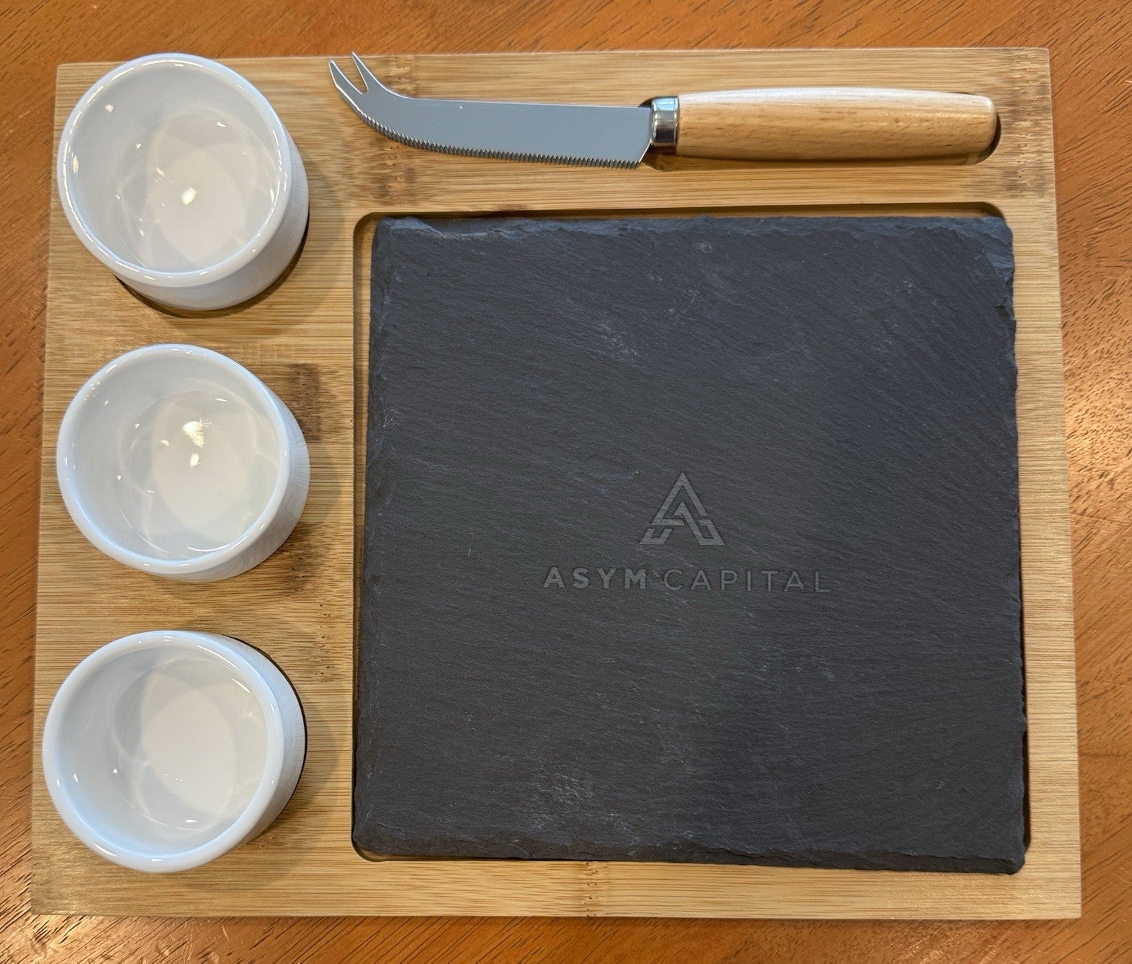 Cheese & Dip Serving Set Bamboo Board 3 Ramekins Slate Square Cheese/Meat Knife