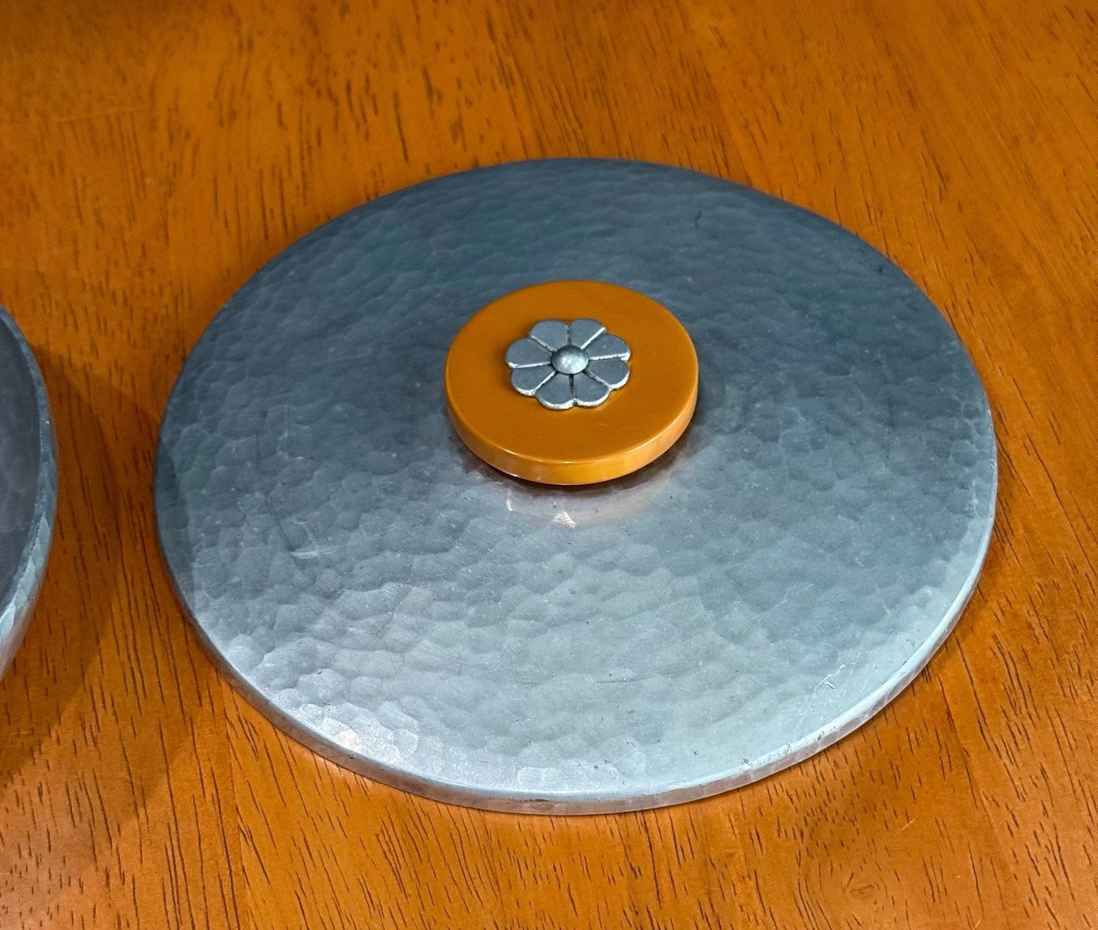 Vintage Buenilum Handwrought Hammered Aluminum Trinket Dish with Bakelite Flower