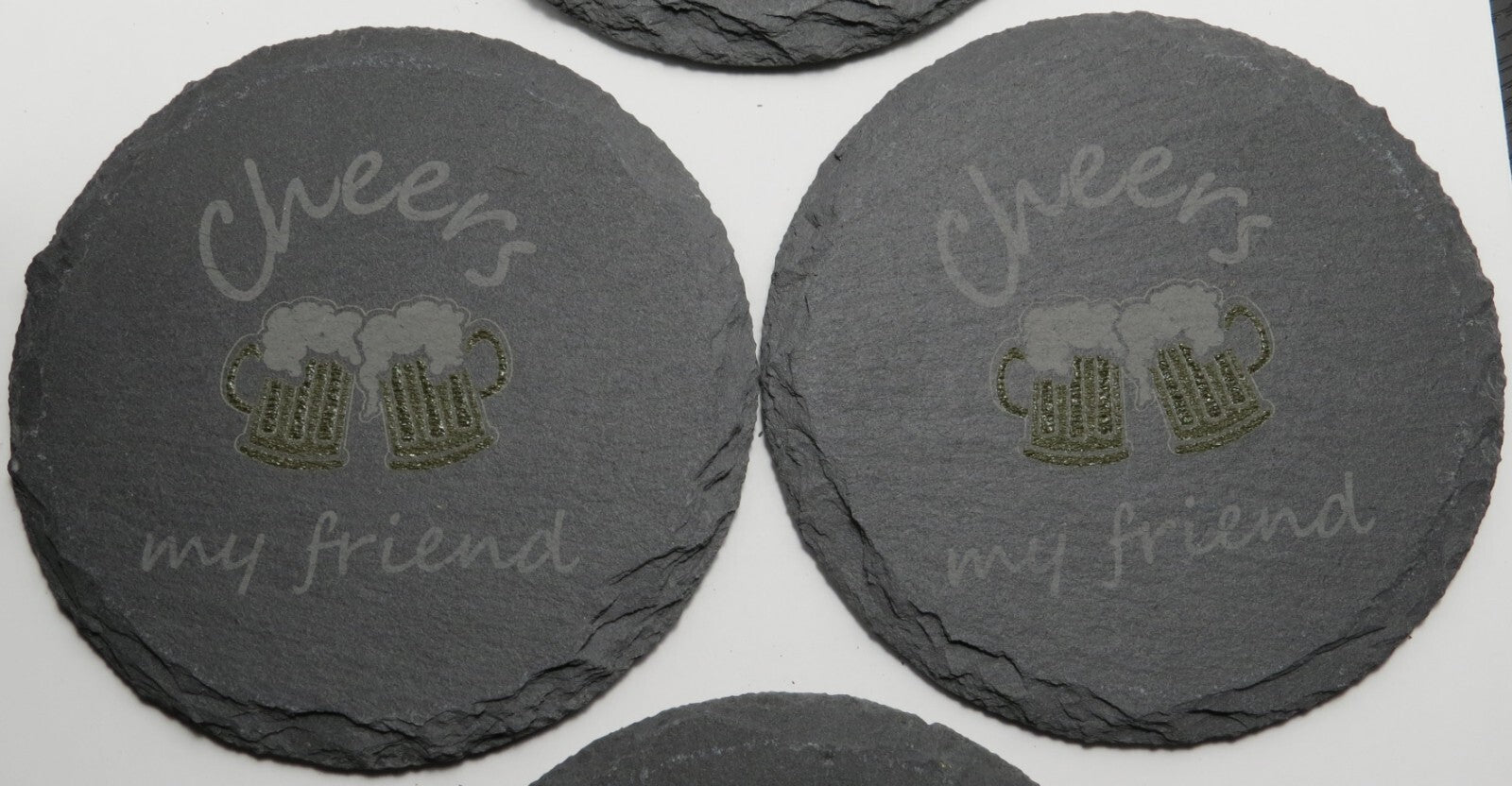 Set of 4 Round Laser Engraved Slate Coasters Cheers My Friend Mugs Multicolor