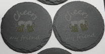 Set of 4 Round Laser Engraved Slate Coasters Cheers My Friend Mugs Multicolor