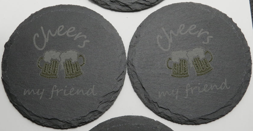Set of 4 Round Laser Engraved Slate Coasters Cheers My Friend Mugs Multicolor