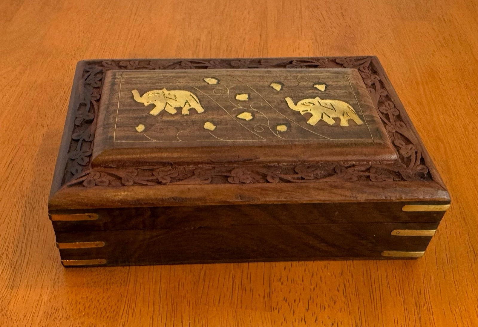 Vintage Hand Carved Wooden Jewelry Box with Brass Elephant Inlay 8x5