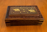 Vintage Hand Carved Wooden Jewelry Box with Brass Elephant Inlay 8x5