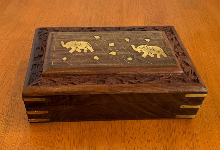 Vintage Hand Carved Wooden Jewelry Box with Brass Elephant Inlay 8x5