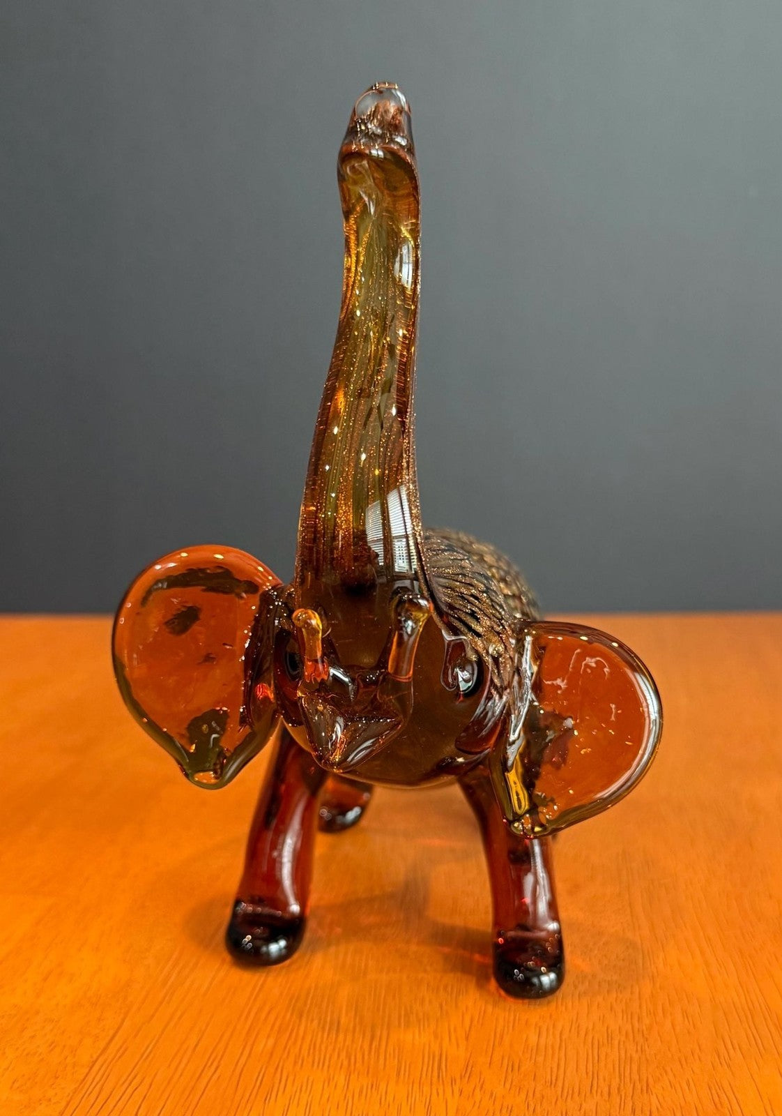 Dynasty Gallery Amber Art Glass Elephant Figurine with Gold Aventurine Flecks