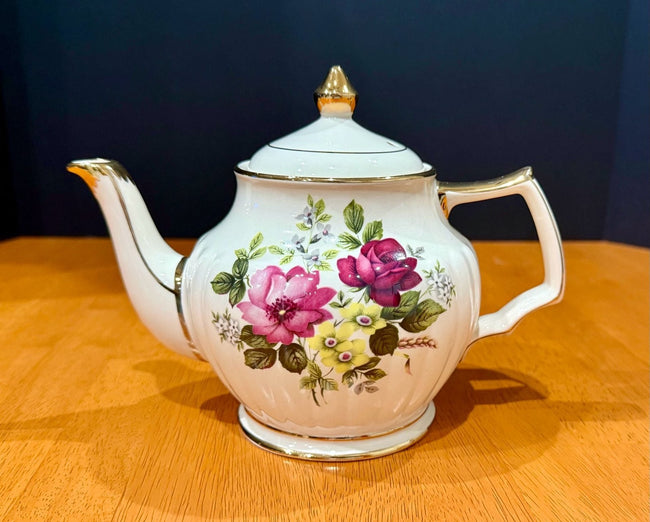 Vintage Sadler England Ivory Porcelain Teapot Floral Rose Motif Gold Trim
