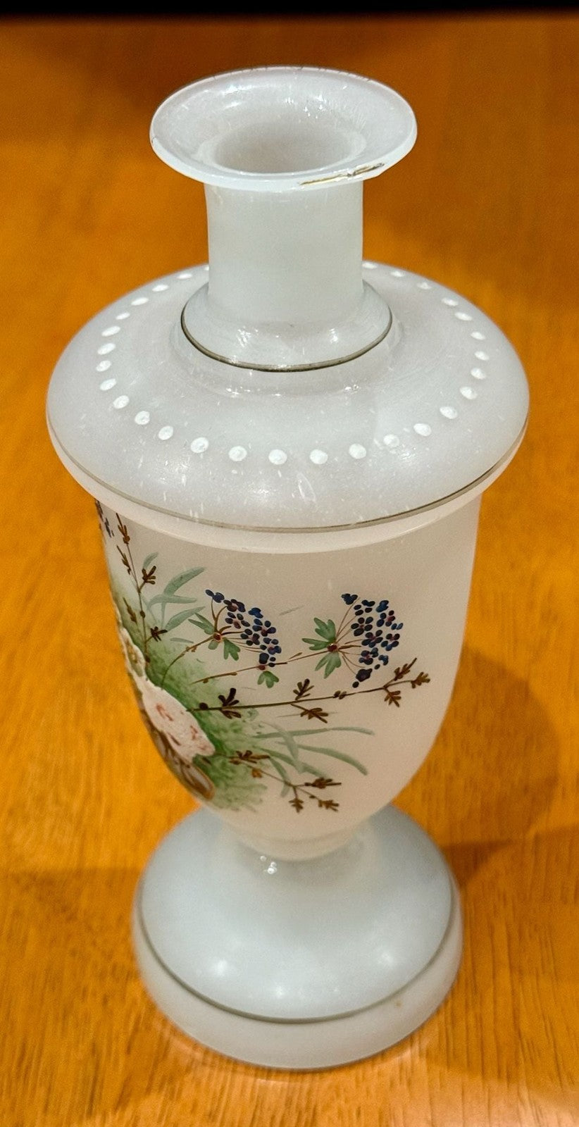 Vintage Victorian Bristol White Opaline Hand-Painted Floral Glass Vase