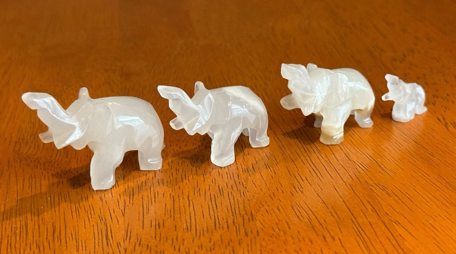 Set of 4 Vintage Hand Carved White Onyx Stone Elephant Figurines Raised Trunk