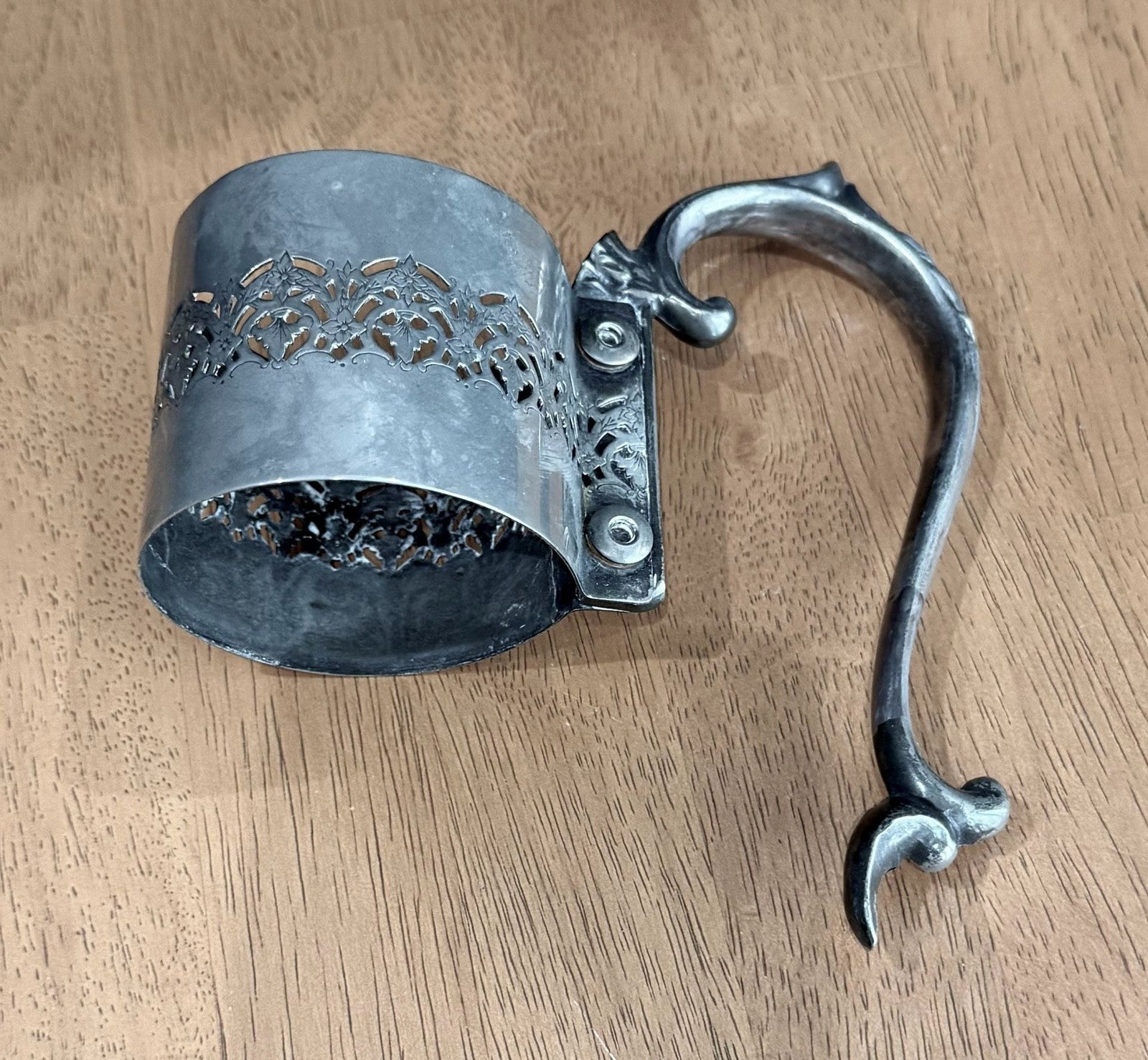 Vintage Silver Plated Filigree Glass Holder or Carafe Collar with Handle
