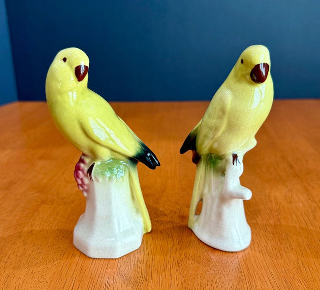 Vintage Set of 2 Yellow Parakeet Birds on Perches Ceramic Figurines