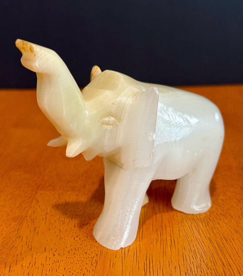 Vintage Hand-Carved Banded White Onyx Elephant Figurine Trunk Up Luck Stone