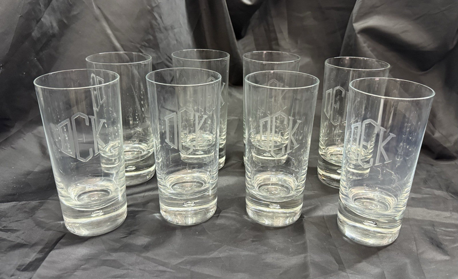 Set Of 8 Heavy Base Controlled Bubble Bottom Highball Glasses 16 oz DEK Engraved