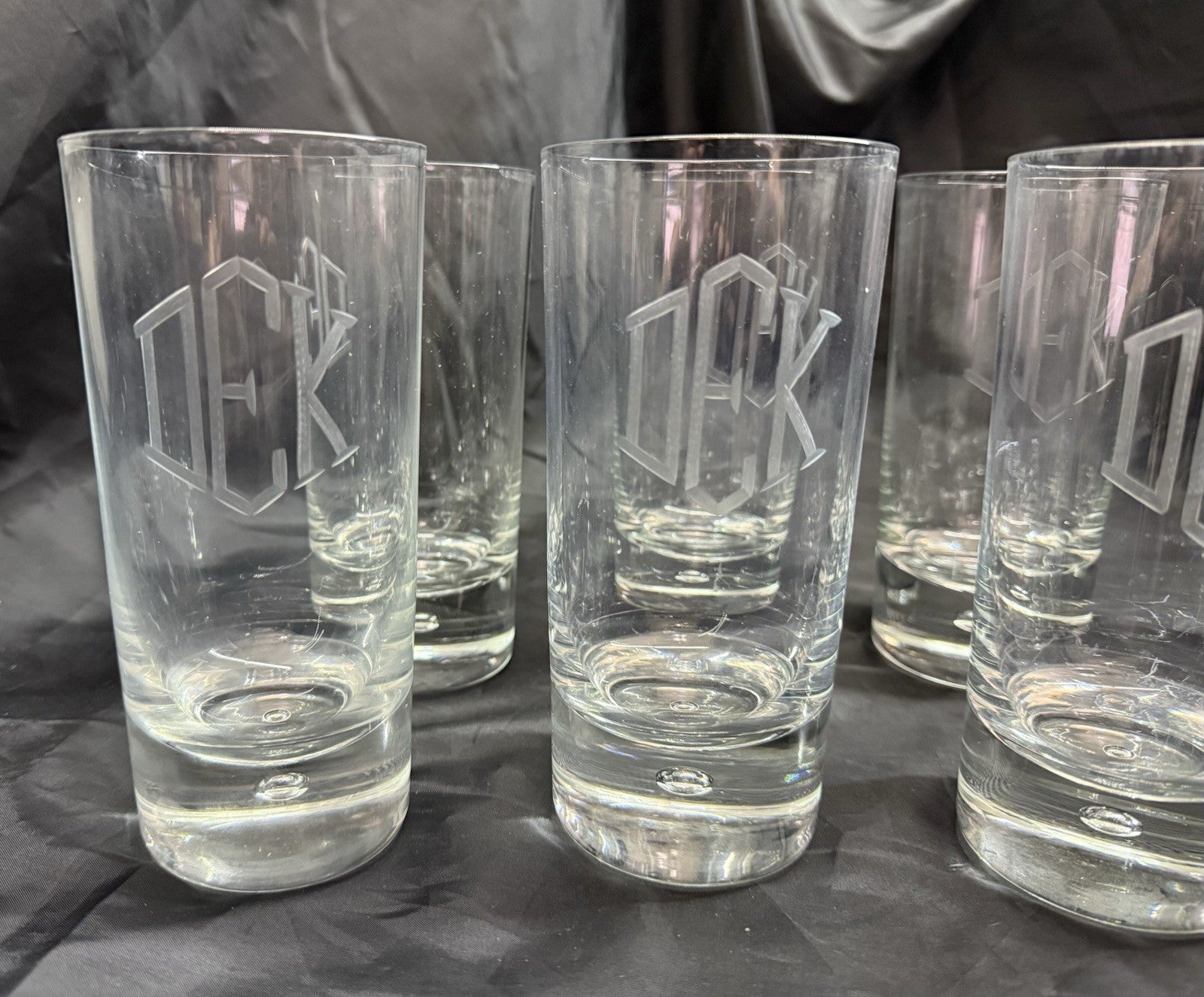 Set Of 8 Heavy Base Controlled Bubble Bottom Highball Glasses 16 oz DEK Engraved