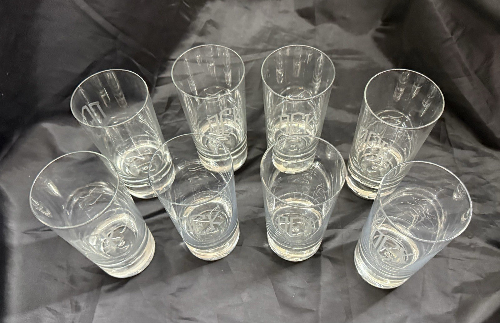 Set Of 8 Heavy Base Controlled Bubble Bottom Highball Glasses 16 oz DEK Engraved