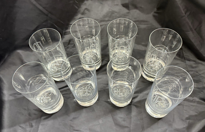 Set Of 8 Heavy Base Controlled Bubble Bottom Highball Glasses 16 oz DEK Engraved