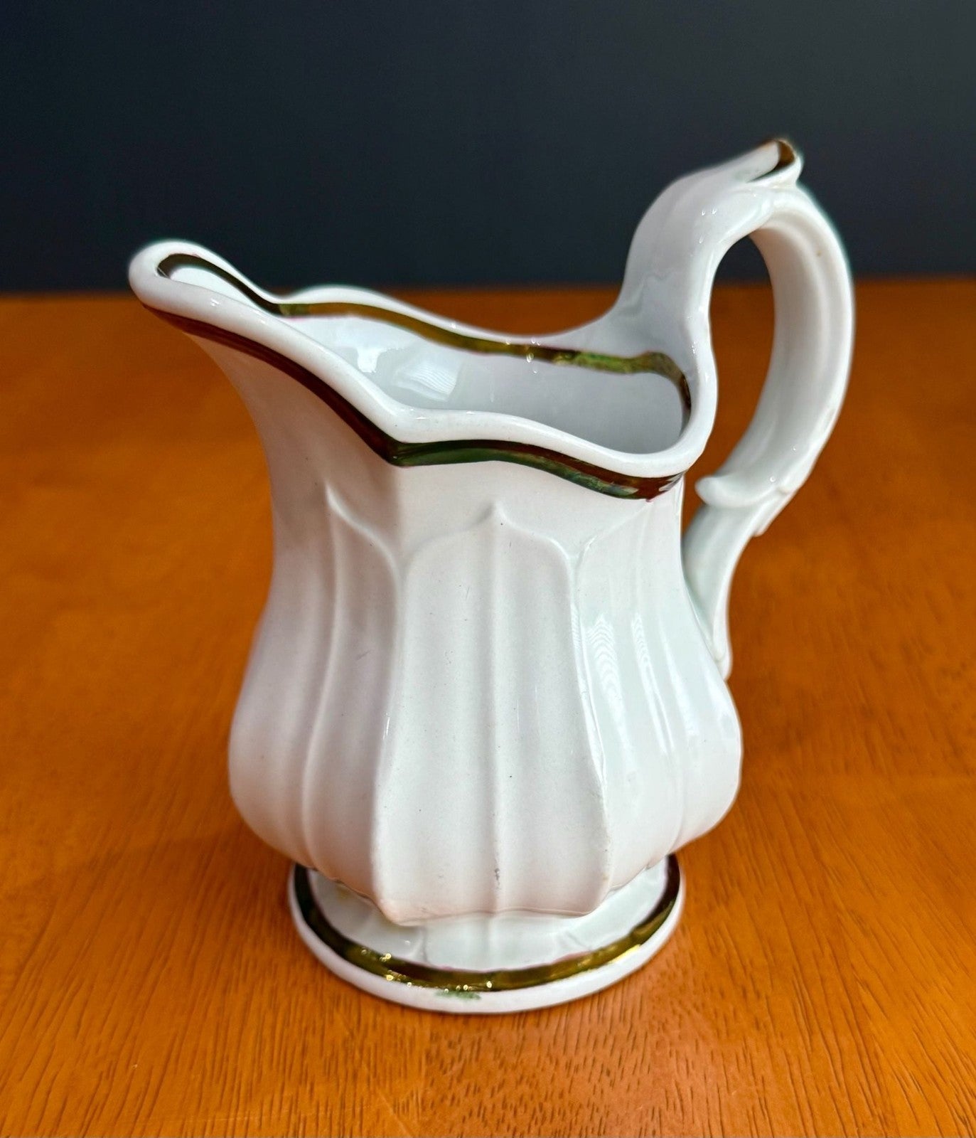 Vintage White Porcelain Creamer Pitcher Gold Gilt Trim Fluted Ribbed Design