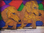 Curious Dachshunds Stained Glass Style Painting 8 x 10 Framed Signed by Artist
